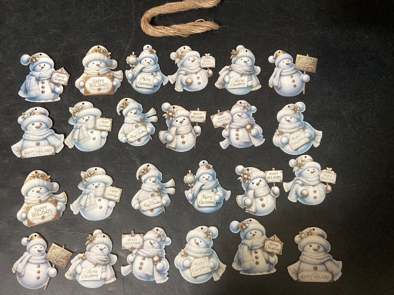 Photo 1 of 24 PCS Christmas Wooden Ornaments - 12 Unique Patterns with Hemp Rope | Xmas Tree, Home & Garden Decor -White & Gold Snowmans