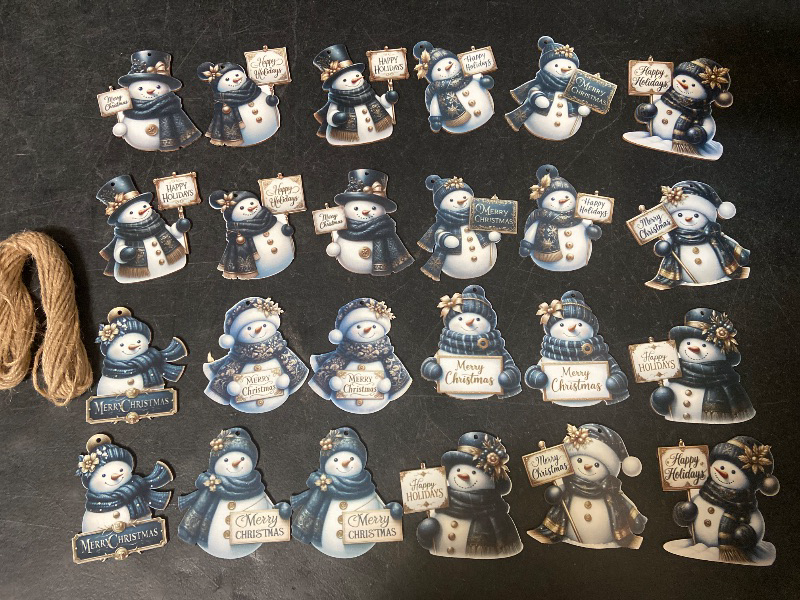 Photo 1 of 24 PCS Christmas Wooden Ornaments - 12 Unique Patterns with Hemp Rope | Xmas Tree, Home & Garden Decor - Black & Gold Snowman