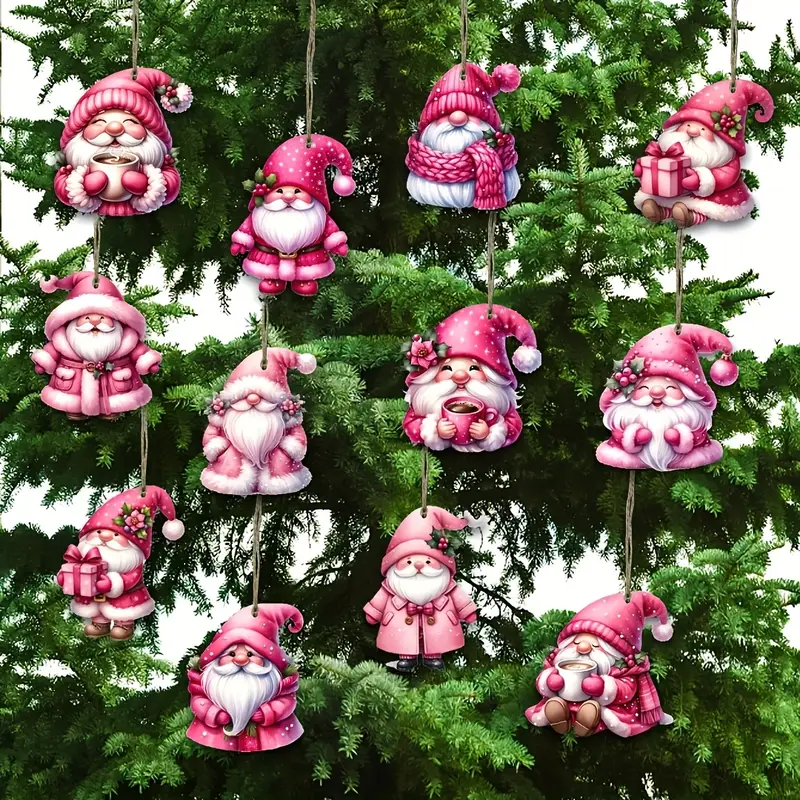 Photo 1 of 24 PCS Christmas Wooden Ornaments - 12 Unique Patterns with Hemp Rope | Xmas Tree, Home & Garden Decor - Pink Gnome W/Coffee