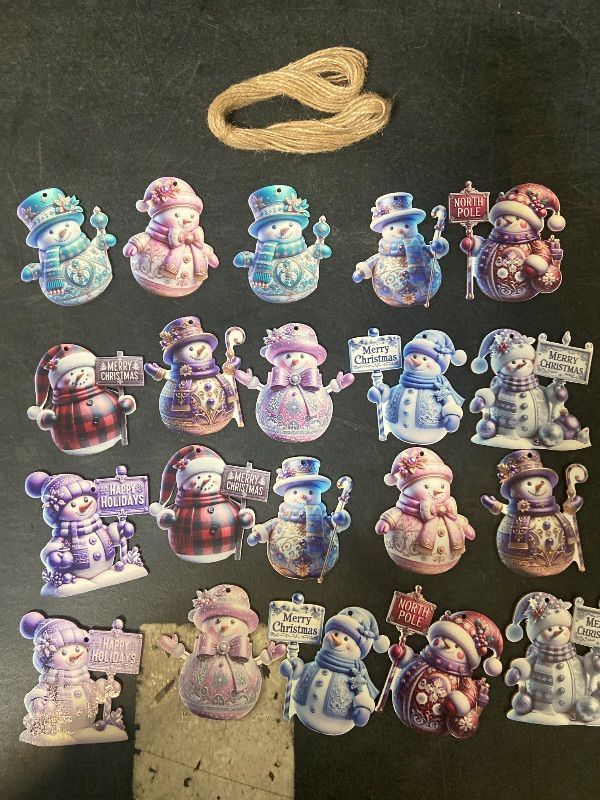 View 2 of 24 PCS Christmas Wooden Ornaments - 12 Unique Patterns with Hemp Rope | Xmas Tree, Home & Garden Decor -Colorful Snowman