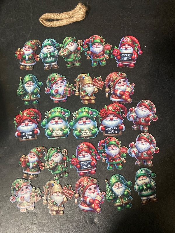 Photo 1 of 24PCS Christmas Wooden Ornaments - 12 Unique Patterns with Hemp Rope | Xmas Tree, Home & Garden Decor- Red & Green Gnomes
