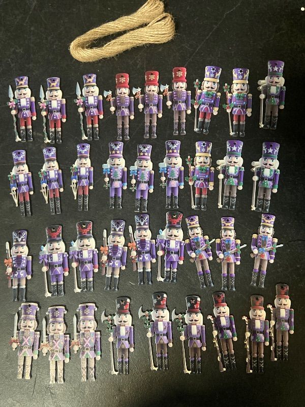 View 2 of 36PCS Christmas Wooden Ornaments - 12 Unique Patterns with Hemp Rope | Xmas Tree, Home & Garden Decor- Christmas Purple Nutcracker ornaments