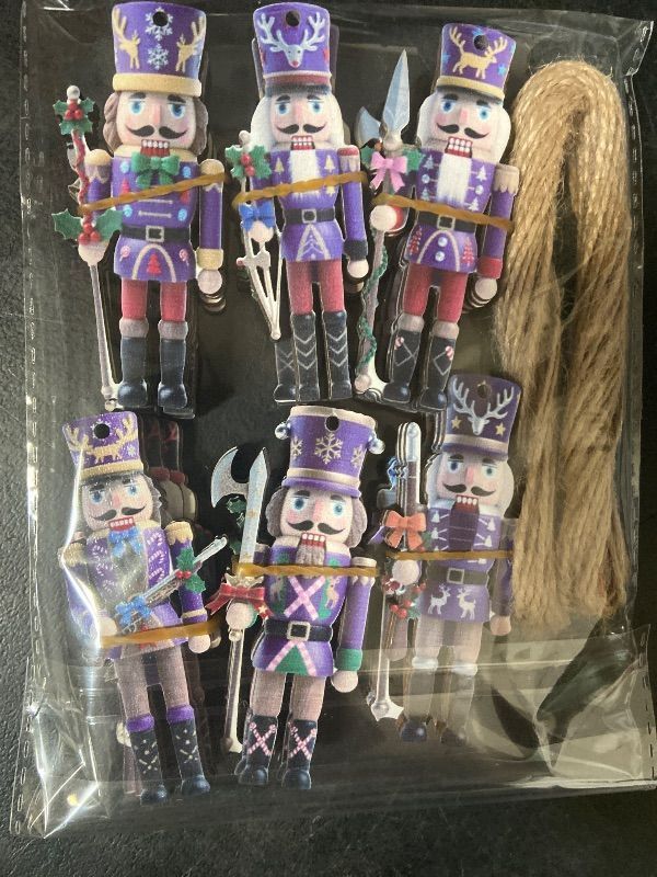 Photo 1 of 36PCS Christmas Wooden Ornaments - 12 Unique Patterns with Hemp Rope | Xmas Tree, Home & Garden Decor- Christmas Purple Nutcracker ornaments