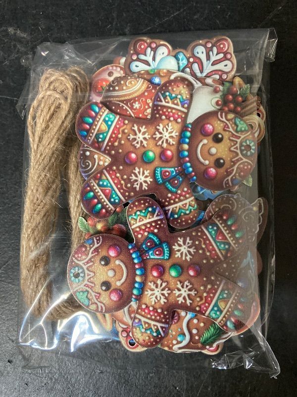 Photo 1 of 24PCS Christmas Wooden Ornaments - 12 Unique Patterns with Hemp Rope | Xmas Tree, Home & Garden Decor- Gingerbread cookie Characters Blue
