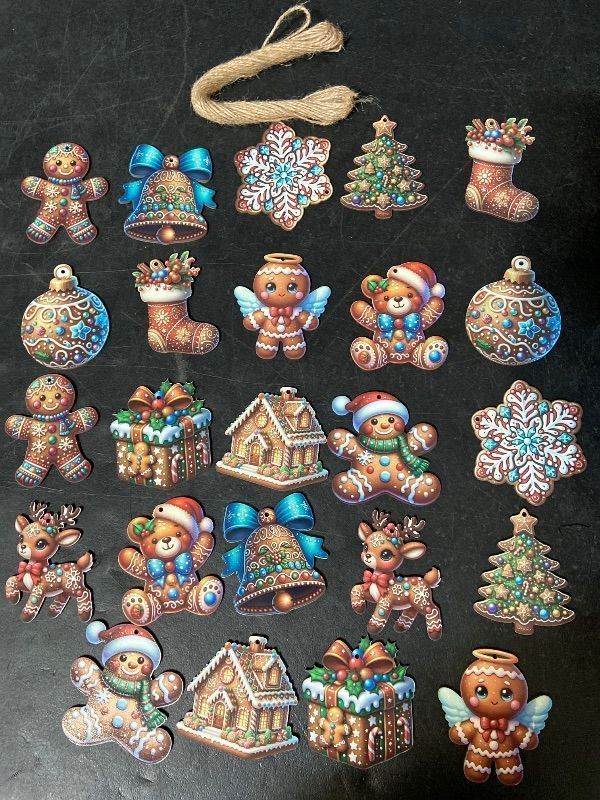 Photo 1 of 24PCS Christmas Wooden Ornaments - 12 Unique Patterns with Hemp Rope | Xmas Tree, Home & Garden Decor- Gingerbread cookie Characters Blue