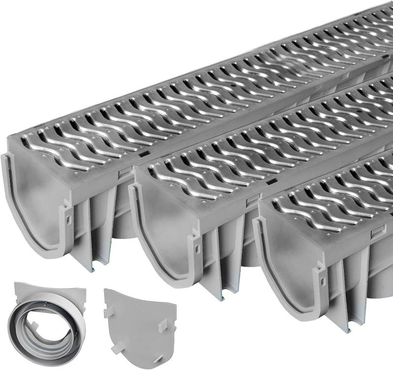 Photo 1 of Trench & Driveway Channel Drain with Galvanized Steel Grate - 3 Pack