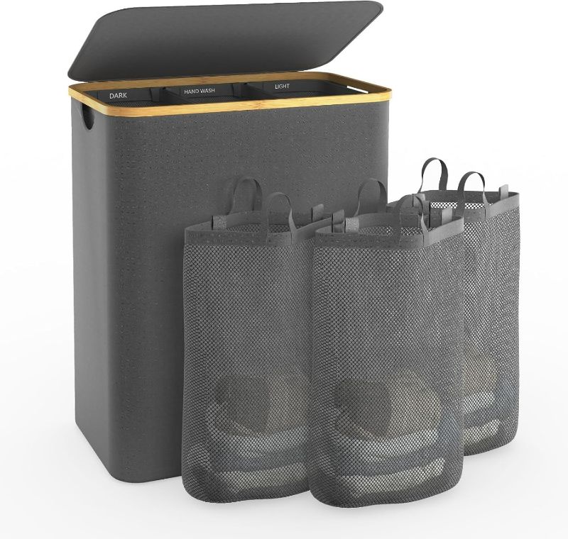 Photo 1 of Hampers for Laundry Basket with Lid, 160L Extra Large 3 Section Clothes Divided Organizer for Bedroom, Laundry Room, Dirty Clothes Hamper, Grey