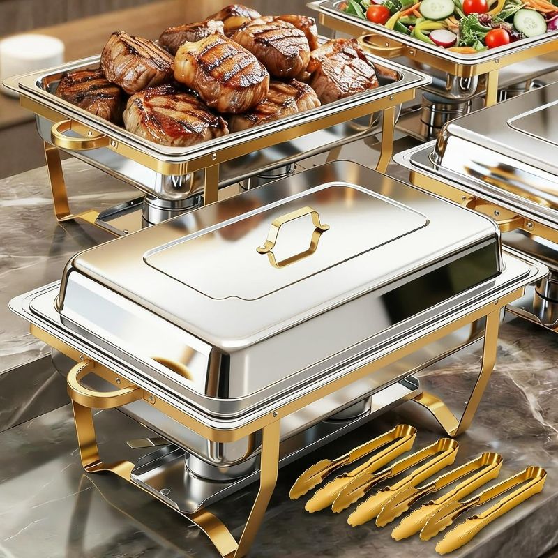 Photo 1 of Chafing Dishes for Buffet, Rectangular Chafing Dish Set with 4 Serving Tongs, 9QT 4 Pack Gold Chafing Dishes for Buffet, Party, Gatherings, Banquets, Weddings