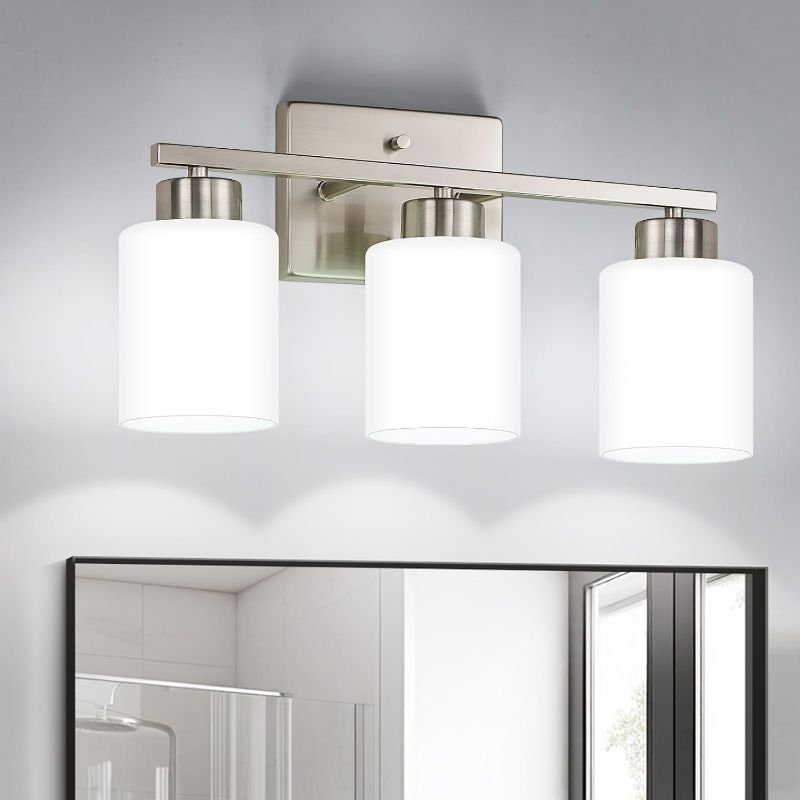 Photo 1 of  Brushed Nickel Bathroom Light Fixtures, 3-Light Modern Vanity Light Over Mirror, Wall Sconces with Milky White Frosted Glass Shades, E26 Socket (Bulbs Not Included)
