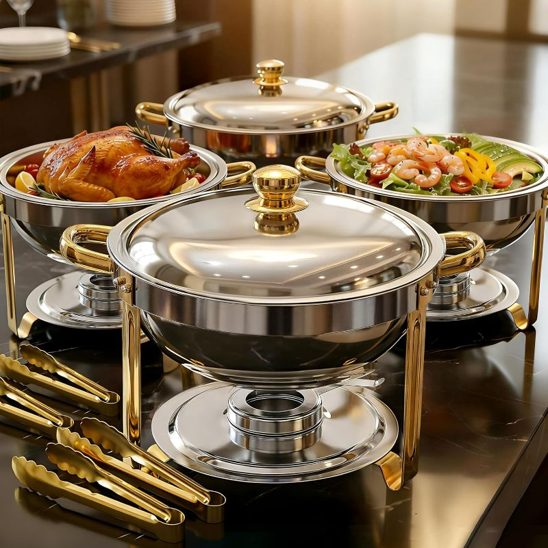 Photo 1 of ALSO GO Round Chafing Dishes for Buffet with 4 Serving Tongs, 4 Pack 6QT Chafing Dishes Buffet Set, Golden Stainless Steel Catering Food Warmer for for Party, Gathering,Wedding