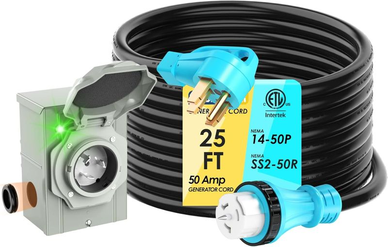 Photo 1 of 50 Amp 25FT Generator Cord and Power Inlet Box Combo Kit NEMA 14-50P Male to SS2-50R STW 6/3+8/1 AWG 125/250V Twist Locking with Inlet Box for Generator to House
