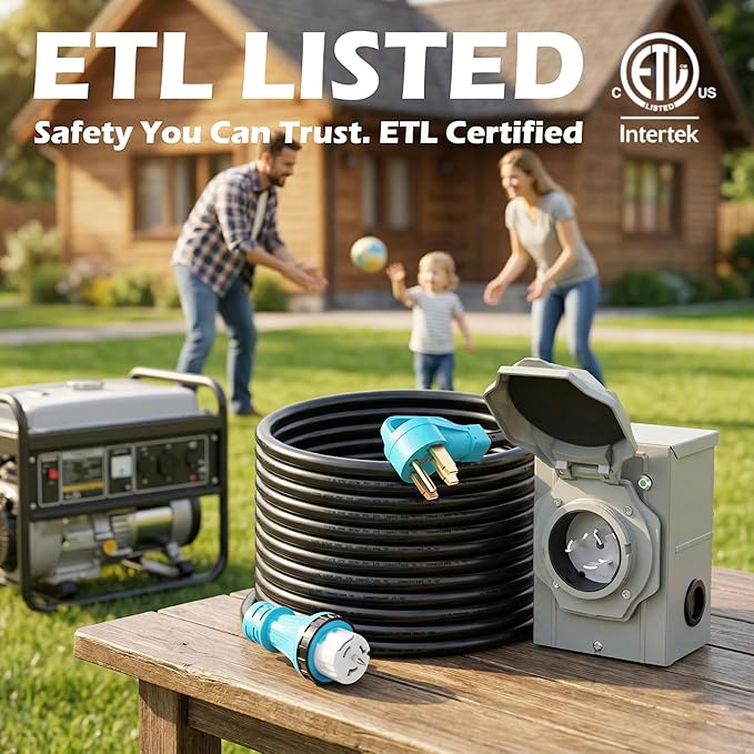 Photo 1 of 50 Amp 25FT Generator Cord and Power Inlet Box Combo Kit NEMA 14-50P Male to SS2-50R STW 6/3+8/1 AWG 125/250V Twist Locking with Inlet Box for Generator to House

