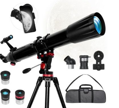 Photo 1 of 90mm Aperture Refractor Telescope for Adults and Beginners, 900mm Focal Length, 36X-450X Magnification with Stainless Steel Tripod, Phone Adapter and Carry Bag
