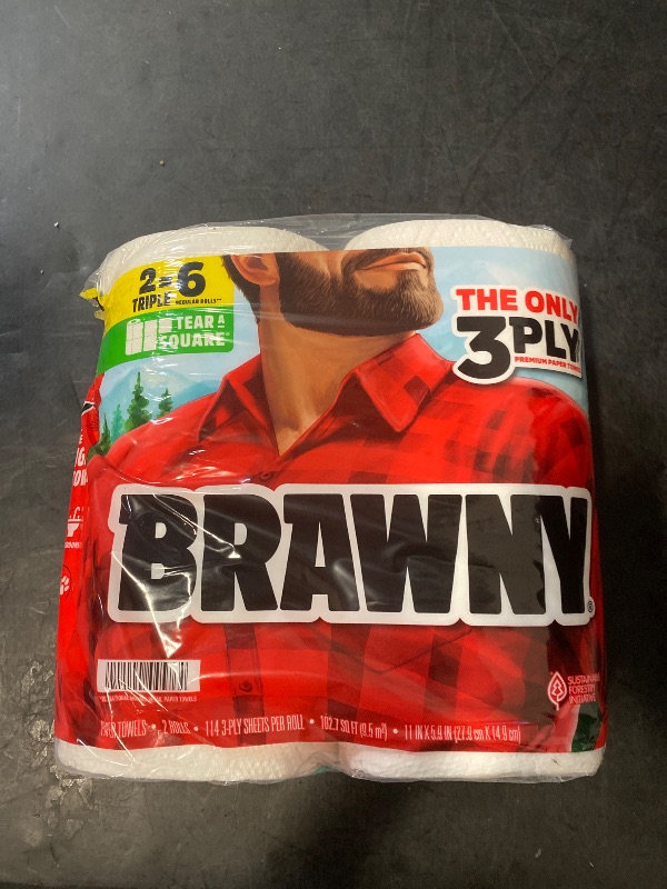 Photo 1 of Brawny Tear-A-Square 3-Ply Paper Towels, 2 Triple Rolls = 6 Regular Rolls, Strong, Absorbent, and Durable with 3 Sheet Sizes (Quarter, Half, Full)