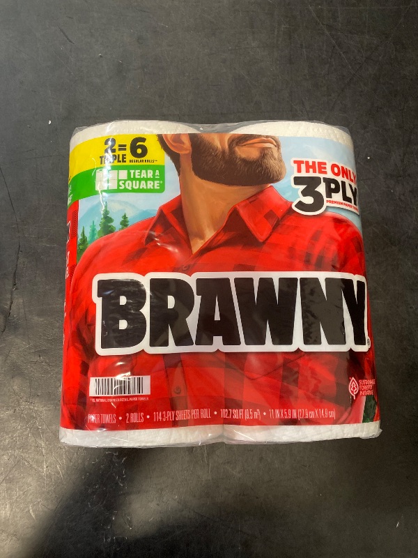 Photo 1 of Brawny Tear-A-Square 3-Ply Paper Towels, 2 Triple Rolls = 6 Regular Rolls, Strong, Absorbent, and Durable with 3 Sheet Sizes (Quarter, Half, Full)
