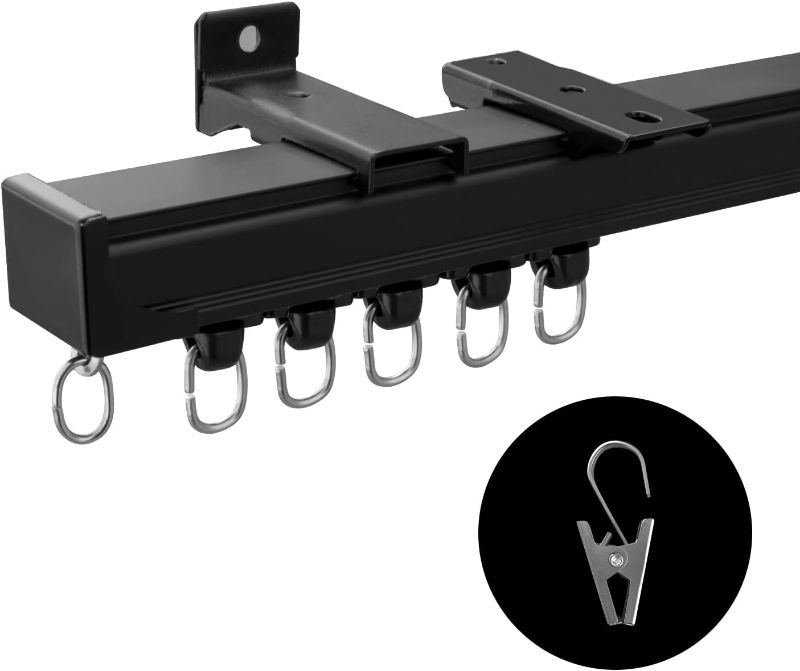 Photo 1 of Ceiling Curtain Track,Curtain Track Wall Mounted,Ceiling Mount Rail Room Divider Tracks Extra Long Curtains Rod for Living Room Bedroom Patio Sliding Door Curtains with Clips,Black 15ft