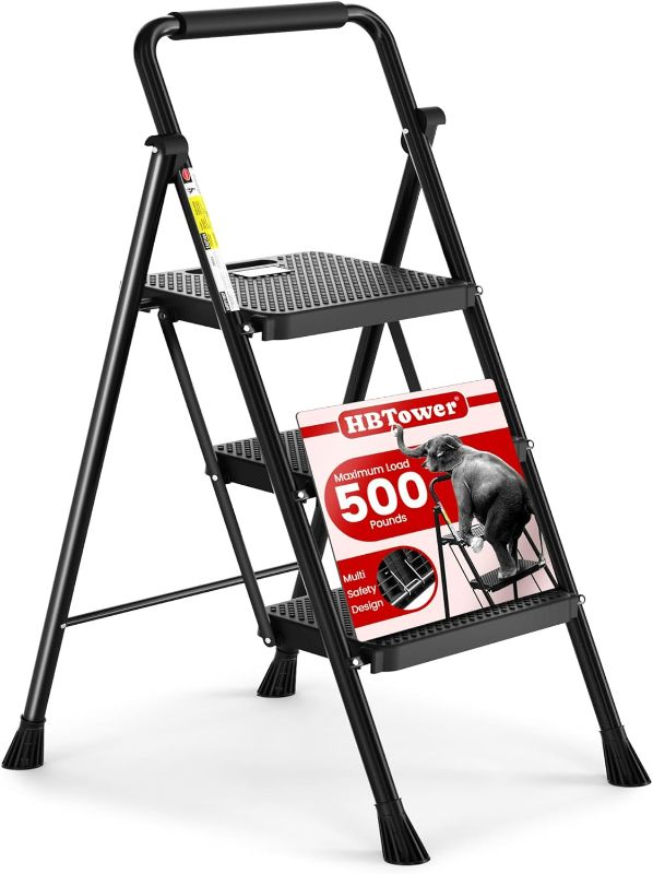 Photo 1 of HBTower Step Ladder, Folding Step Stool with Wide Anti-Slip Pedal, Sturdy Steel Ladder, Convenient Handrail, Lightweight, Portable Steel Step Stool