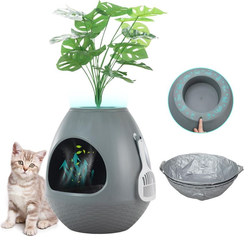 Photo 1 of Egglao6 Plant Litter Box Furniture with 3PCS Cat Litter Box Liners Secret Kitty Enclosure with Odor Removal System, Decorative Top and Cat Litter Scoop, Quick Assembly, Extra Large (Grey)