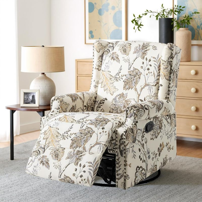 Photo 1 of Swivel Glider Recliner Chair, High Back Rocker Reclining Accent Chair with Smooth Manual Mechanism for Nursery, Comfortable & Quiet Upholstered Armchair Seating-Cream Plant