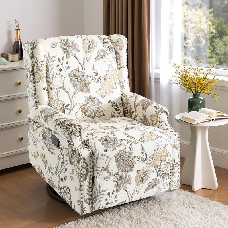 Photo 1 of Swivel Glider Recliner Chair, High Back Rocker Reclining Accent Chair with Smooth Manual Mechanism for Nursery, Comfortable & Quiet Upholstered Armchair Seating-Cream Plant