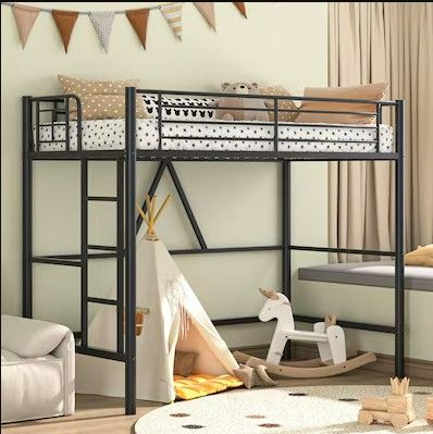 Photo 1 of Vecelo Black Twin Size Loft Bed with Ladder Metal Loft Bed Frame Safety Guardrail Tall Kid Bed
