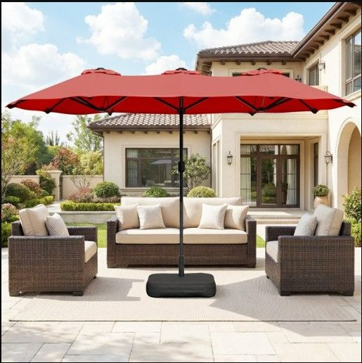 Photo 1 of Walsunny 13 ft Outdoor Patio Umbrella with Base Included, Large Double-Sided Rectangular Umbrella with Crank Handle for Outside, Red

