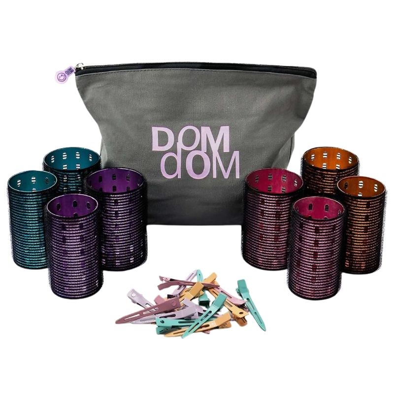 Photo 1 of Dom Dom Metal Hair Rollers, Heatless Volume Set, 2 Sizes, Clips & Bag | 4 medium & 4 large rollers, 16 metal clips, canvas travel bag, custom grip,...
