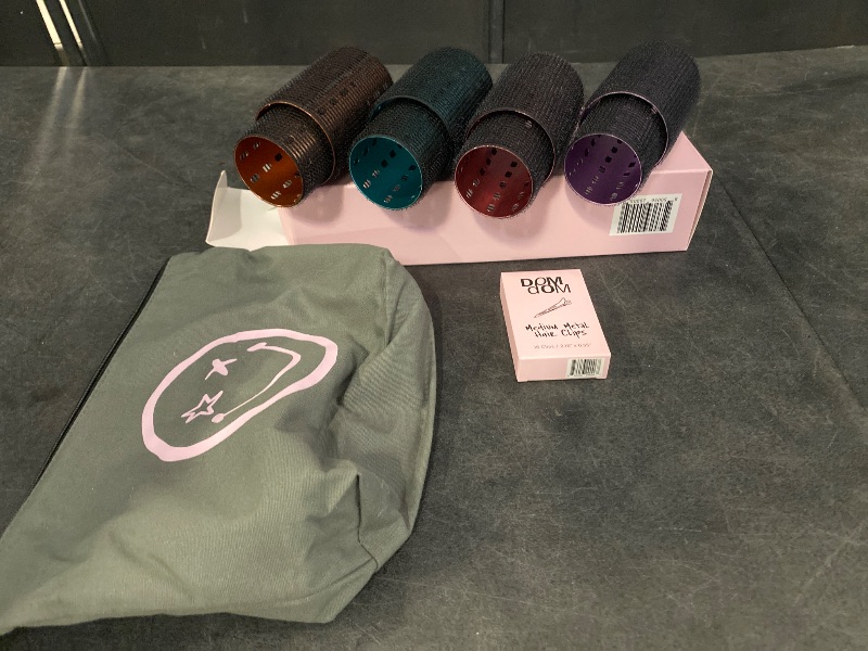 View 2 of Dom Dom Metal Hair Rollers, Heatless Volume Set, 2 Sizes, Clips & Bag | 4 medium & 4 large rollers, 16 metal clips, canvas travel bag, custom grip,...