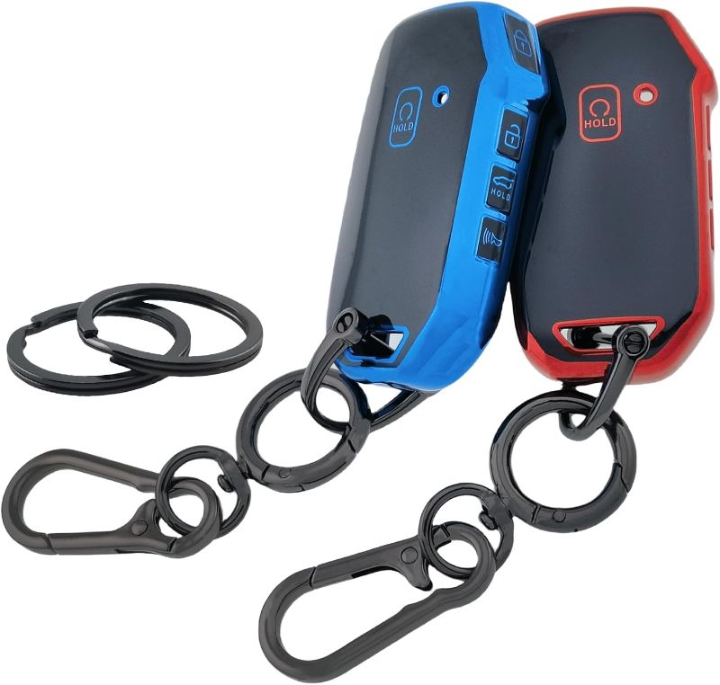 Photo 1 of 2Pcs TPU Key Fob Cover for 2025 2024 2023 2022-2019 Kia K5 Seltos Stinger Sportage Forte Soul NIRO Ev Sorento 5 Buttons (Black with Red/Blue, 2Pcs)