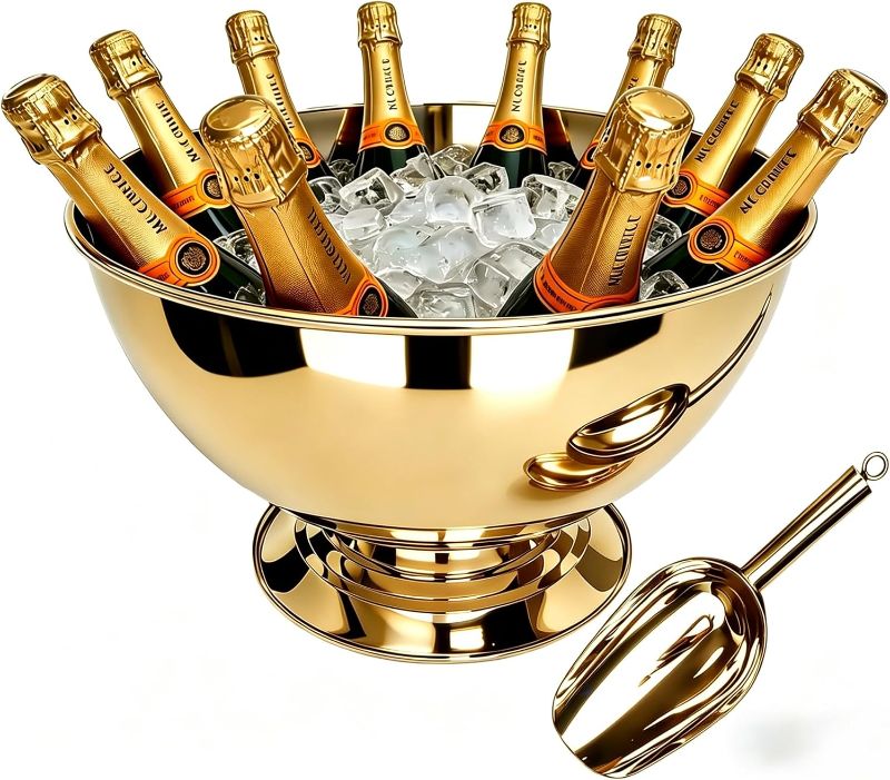 Photo 1 of Stainless Steel Champagne Bucket with Scoop, 15.3" Large Capacity Ice Bucket with Detachable Base, Mirror Polished Inside & Out, Heavy Duty Wine Chiller Bowel for 8 Bottles, 1 pack,gold