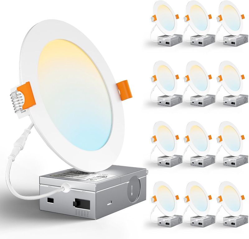 Photo 1 of CHARKEE 12 Pack 6 Inch Ultra-Thin 5CCT LED Recessed Ceiling Light,Canless
1050LM, 2700K-5000K Selectable,12W Eqv 110W,5%-100% Dimmable,Wafer Downlights with Junction Box,ETL & Energy Star & FCC