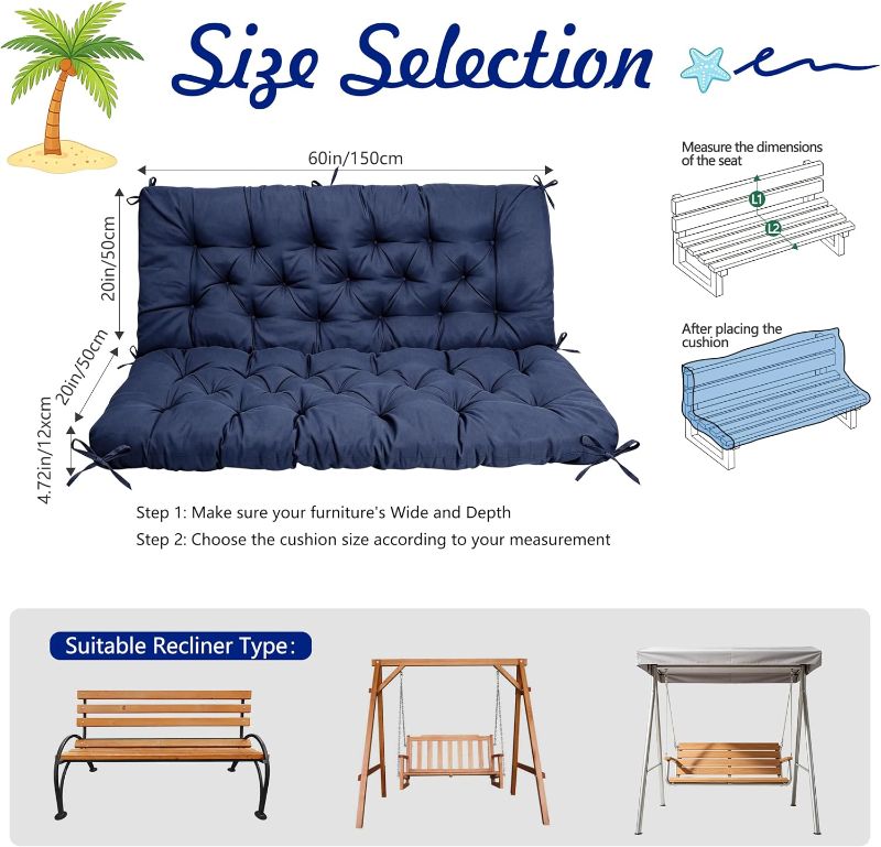 Photo 1 of Porch Swing Cushions 60x40x4.7 Inch, 2-3 Seaters Swing Cushions for Outdoor Furniture with Backrest and 7*Straps, Patio Swing Cushion Replacement for Swing Chair Bench Loveseat Glider Sofa Lawn,Blue