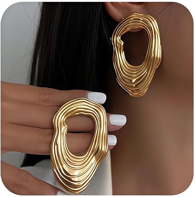 Photo 1 of Chunky Statement Hollow Punk Earrings For Women Big Unique Trendy Design Elegant Formal Wedding Guest Earrings Yellow Gold Abstract Metal Jewelry