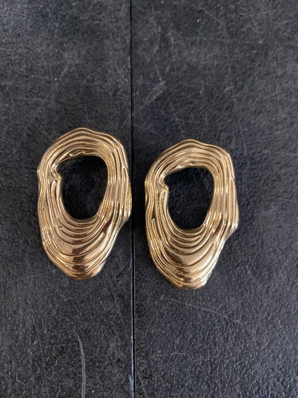 View 2 of Chunky Statement Hollow Punk Earrings For Women Big Unique Trendy Design Elegant Formal Wedding Guest Earrings Yellow Gold Abstract Metal Jewelry