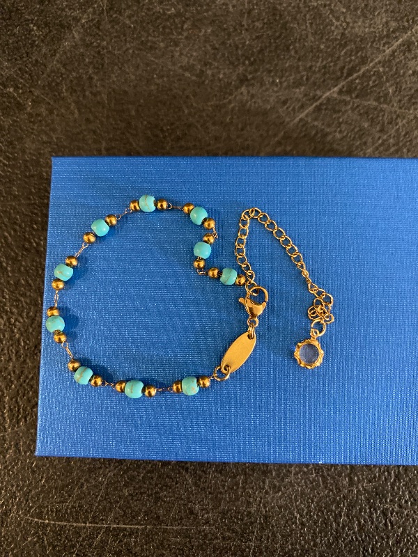 View 2 of MEVECCO Irregular Created Turquoise Beaded Bracelet for Women; 14K Gold Plated Brass, Alternating Rounded Spacers, Balanced Boho Color Accent For Everyday Wristwear