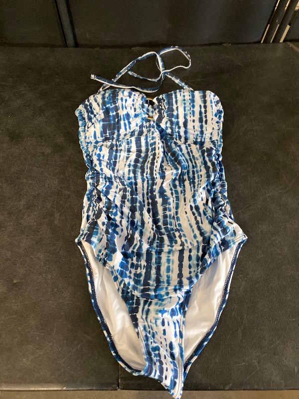 View 2 of Size small Daci Womens One Piece Swimsuit Tummy Control- Moderate Coverage Bathing Suit 2025 Bandeau Strapless Swimwear; Color: Blue Tie Dye