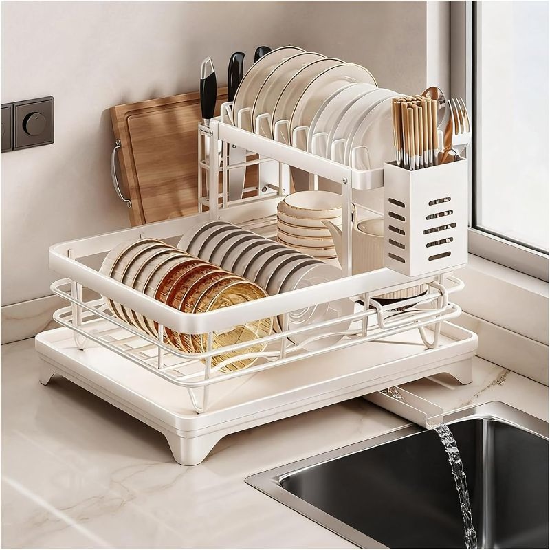 Photo 1 of 2-Tier Dish Drying Rack – Stainless Steel Countertop Dish Drainer with Removable Drip Tray, Utensil Holder & Large Capacity for Bowls and Plates(White-b)