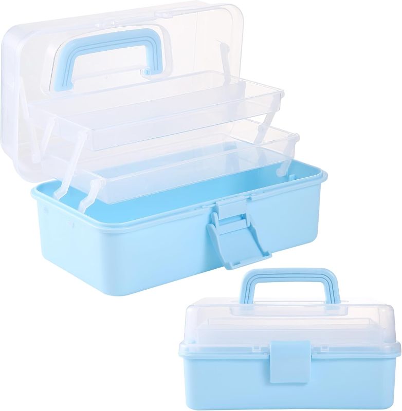Photo 1 of 11(in) Versatile Three-Layer Folding Organizer Box,Ideal for Art & Crafts,Toys,Sewing Supplies,Jewelry and Tools,Storage with Dual Trays,Elegant Blue