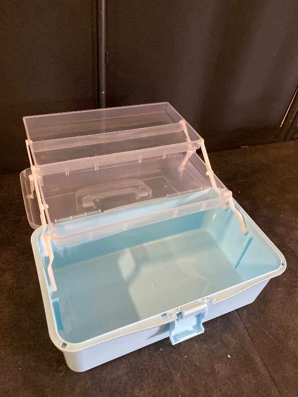 View 2 of 11(in) Versatile Three-Layer Folding Organizer Box,Ideal for Art & Crafts,Toys,Sewing Supplies,Jewelry and Tools,Storage with Dual Trays,Elegant Blue
