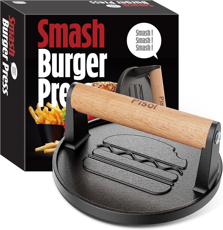 Photo 1 of Smash Burger Press, Cast Iron Steak Weight Meat Patty Press Tool
Rustproof, Pre-Seasoned, Flat Bottom, Wooden Handle, Dishwasher Safe, No Stick, Easy to Clean, 6.6'' Wide, Weighs 2 Pounds