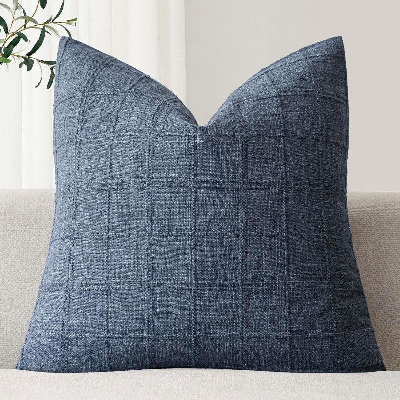 Photo 1 of Foindtower Set of 1 Decorative Linen Check Throw Pillow Cover Neutral Farmhouse Vintage Cushion Cover Modern Coastal Boho Home Decor for Sofa Chair Couch Bedroom Living Room,20×20 Inch,Blue