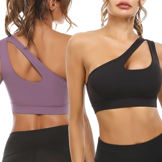 Photo 1 of Size Xl Sykooria Womens One Shoulder Sports Bras Workout Left Strap Yoga Bras Cute Medium Support Crop Tops; Color: 2 Pack-black+purple Gray