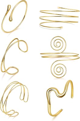 Photo 1 of 6Pcs Arm Cuff Gold Upper Arm Cuff Bracelet for Women Adjustable Open Cuff Bangle Minimalist Coil Swirl Armlet Armband Jewelry Set
