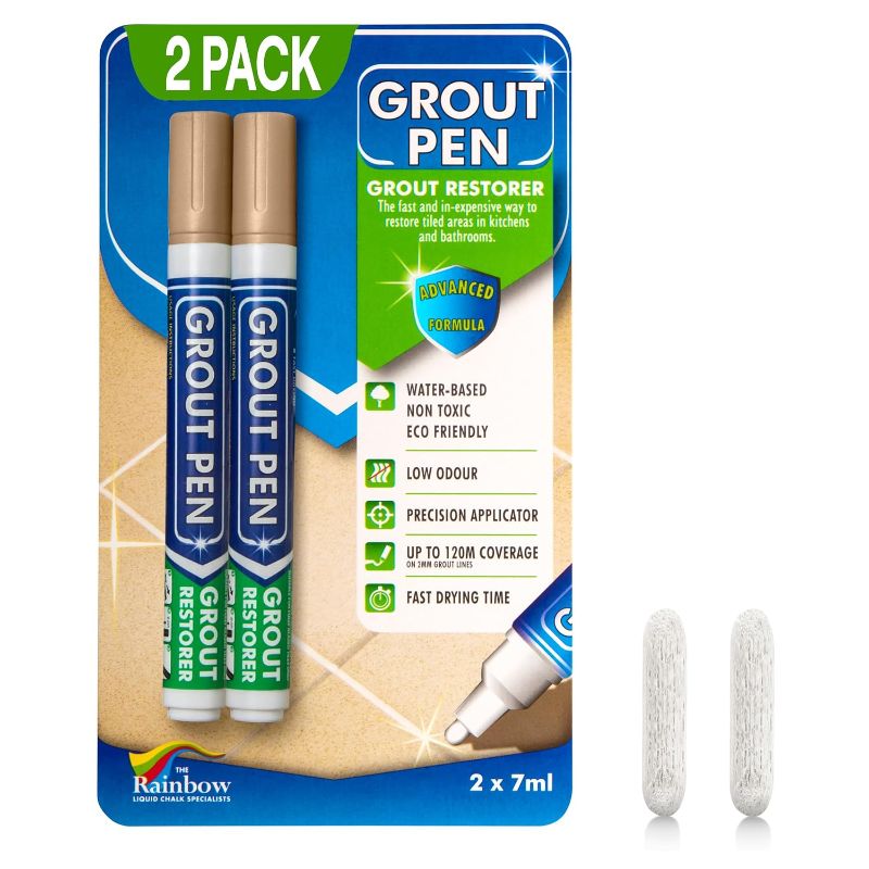 Photo 1 of Grout Pen Beige Tile Grout Paint Marker - 2 Pack w/Extra Tips (7mL)
Waterproof Grout Refresh Restorer for Kitchen & Bathroom, Tile Grout Colorant Pens - Narrow Tip 5mm - Beige