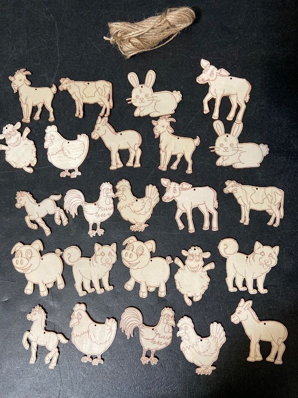 View 2 of 24 PCS Christmas Wooden Ornaments - 12 Unique Patterns with Hemp Rope | Xmas Tree, Home & Garden Decor - DIY Farm Animals