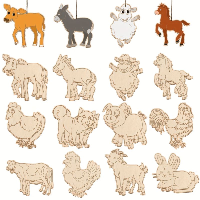 Photo 1 of 24 PCS Christmas Wooden Ornaments - 12 Unique Patterns with Hemp Rope | Xmas Tree, Home & Garden Decor - DIY Farm Animals