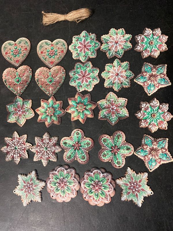 View 1 of 24PCS Christmas Wooden Ornaments - 12 Unique Patterns with Hemp Rope | Xmas Tree, Home & Garden Decor- Green Gingerbread shaped heart & stars