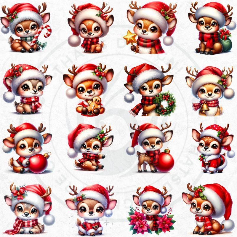 Photo 1 of 24PCS Christmas Wooden Ornaments - 12 Unique Patterns with Hemp Rope | Xmas Tree, Home & Garden Decor-Christmas Baby Deer's in Santa Hats