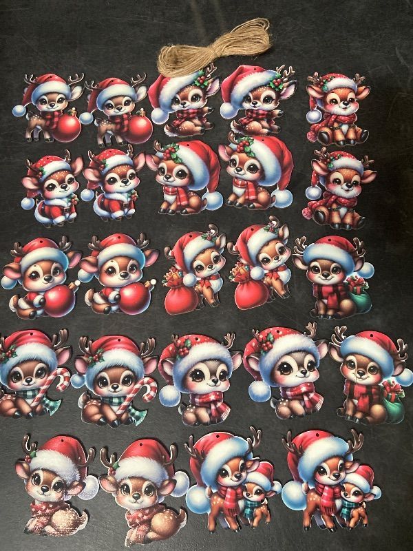 Photo 1 of 24PCS Christmas Wooden Ornaments - 12 Unique Patterns with Hemp Rope | Xmas Tree, Home & Garden Decor-Christmas Baby Deer's in Santa Hats