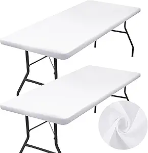 Photo 1 of 2 Pack Rectangle Tablecloth, Elastic Fitted Fabric Tablecloth Fits for 6 Foot Folding Tables, Washable Table Cover for Picnic, Camping, Indoor & Outdoor (White, 30" x 72")